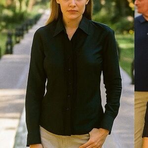 CAROL ANDERSON 100% SILK BUTTON BLACK LONG SLEEVE RUFFLES FRONT BLOUSE S